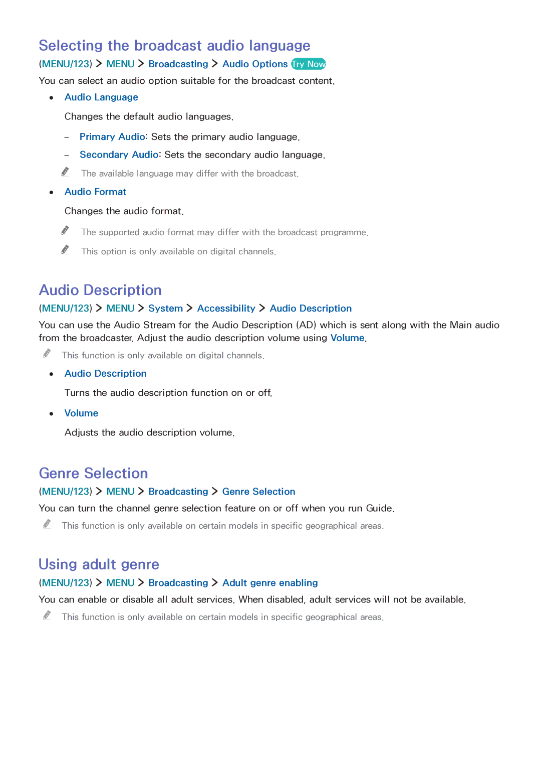 Samsung LT32E390SX/XU manual Selecting the broadcast audio language, Audio Description, Genre Selection, Using adult genre 