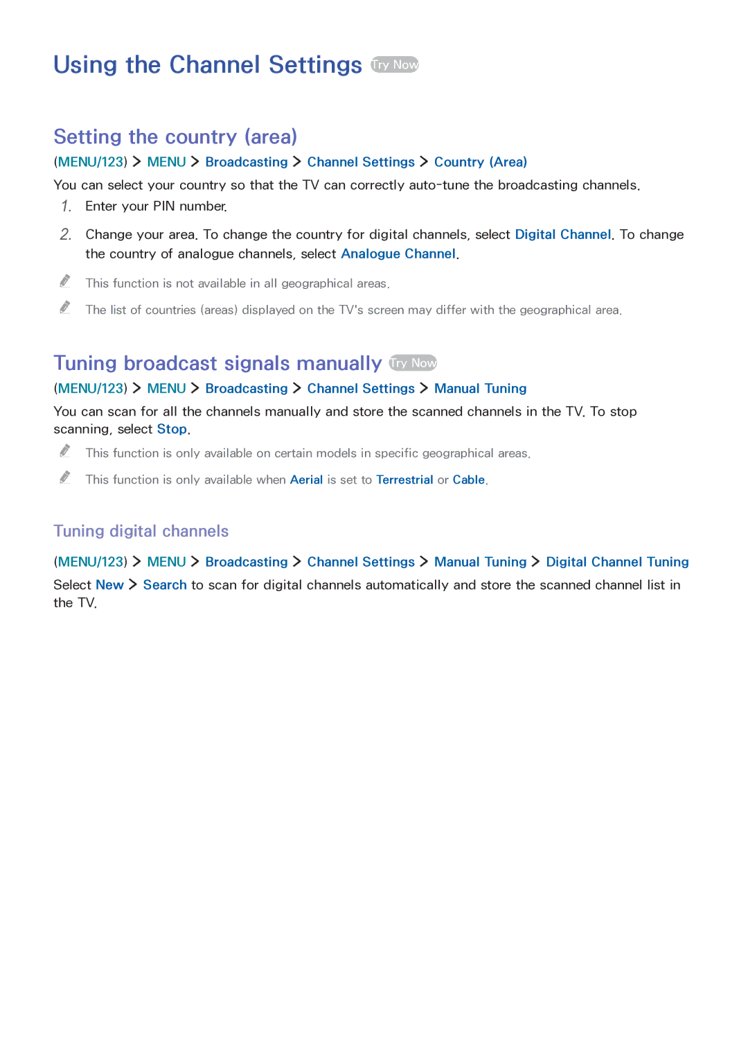 Samsung LT32E390SX/XU manual Using the Channel Settings Try Now, Setting the country area, Tuning digital channels 