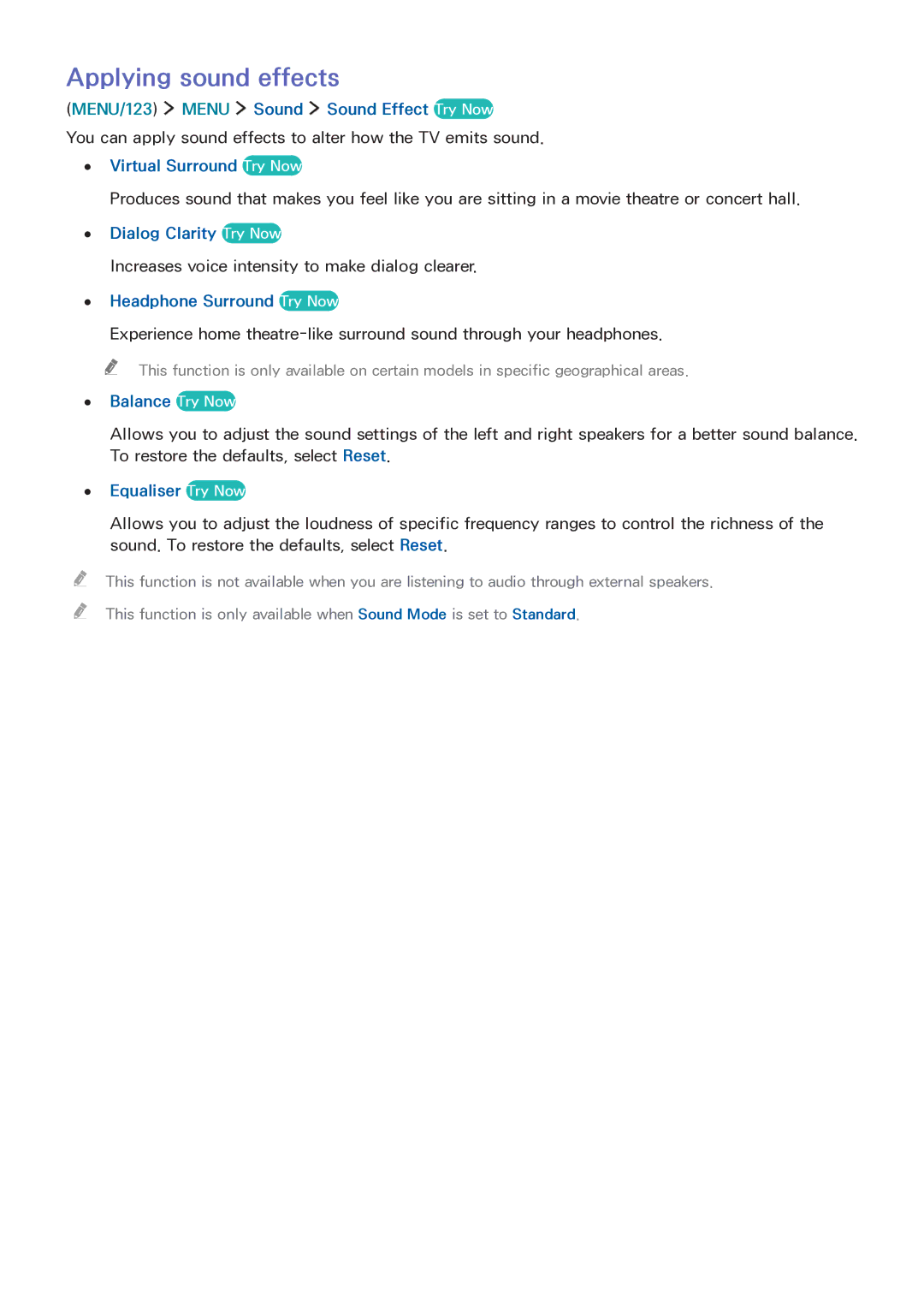 Samsung LT32E390SX/XU manual Applying sound effects 