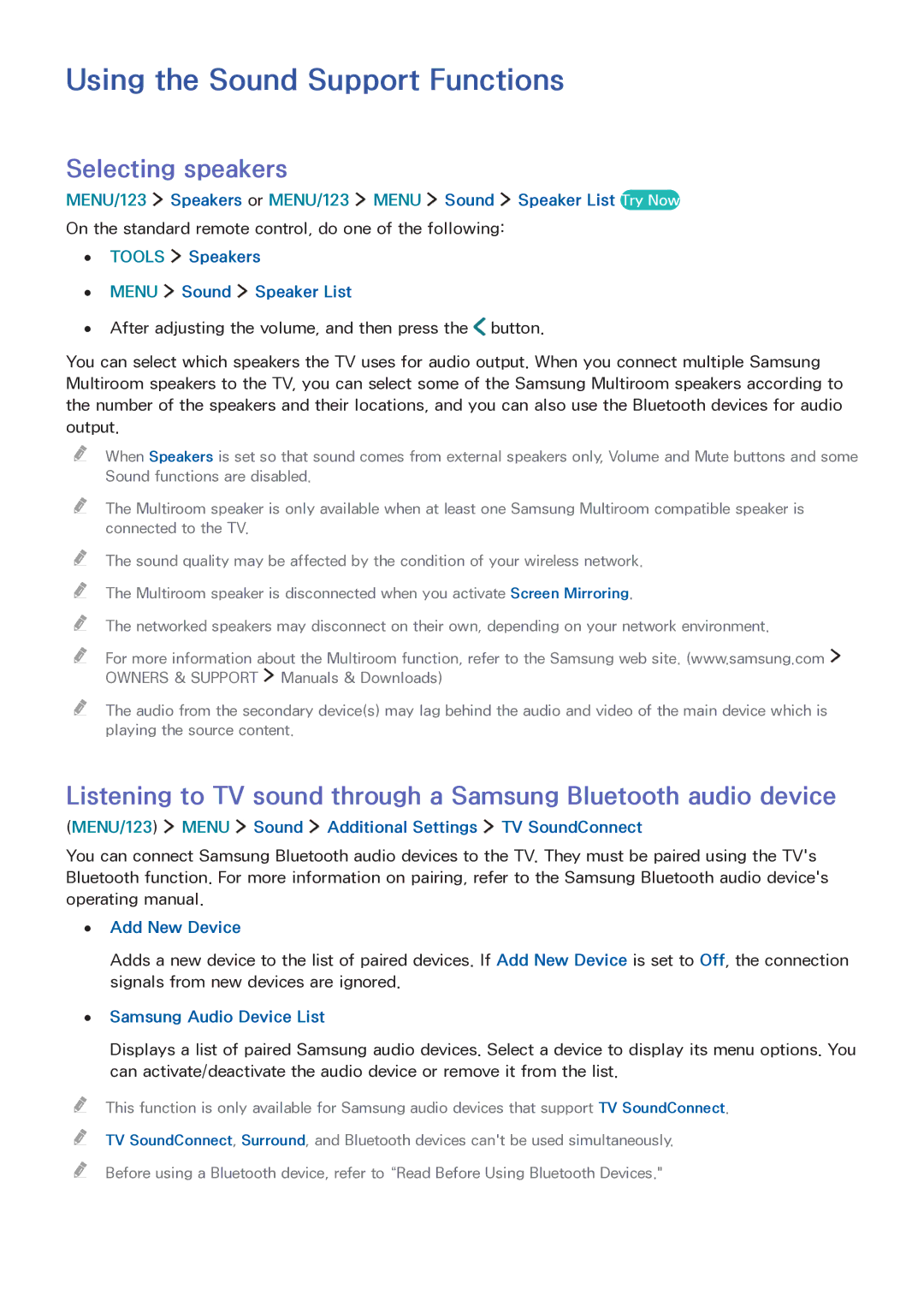 Samsung LT32E390SX/XU manual Using the Sound Support Functions, Selecting speakers 