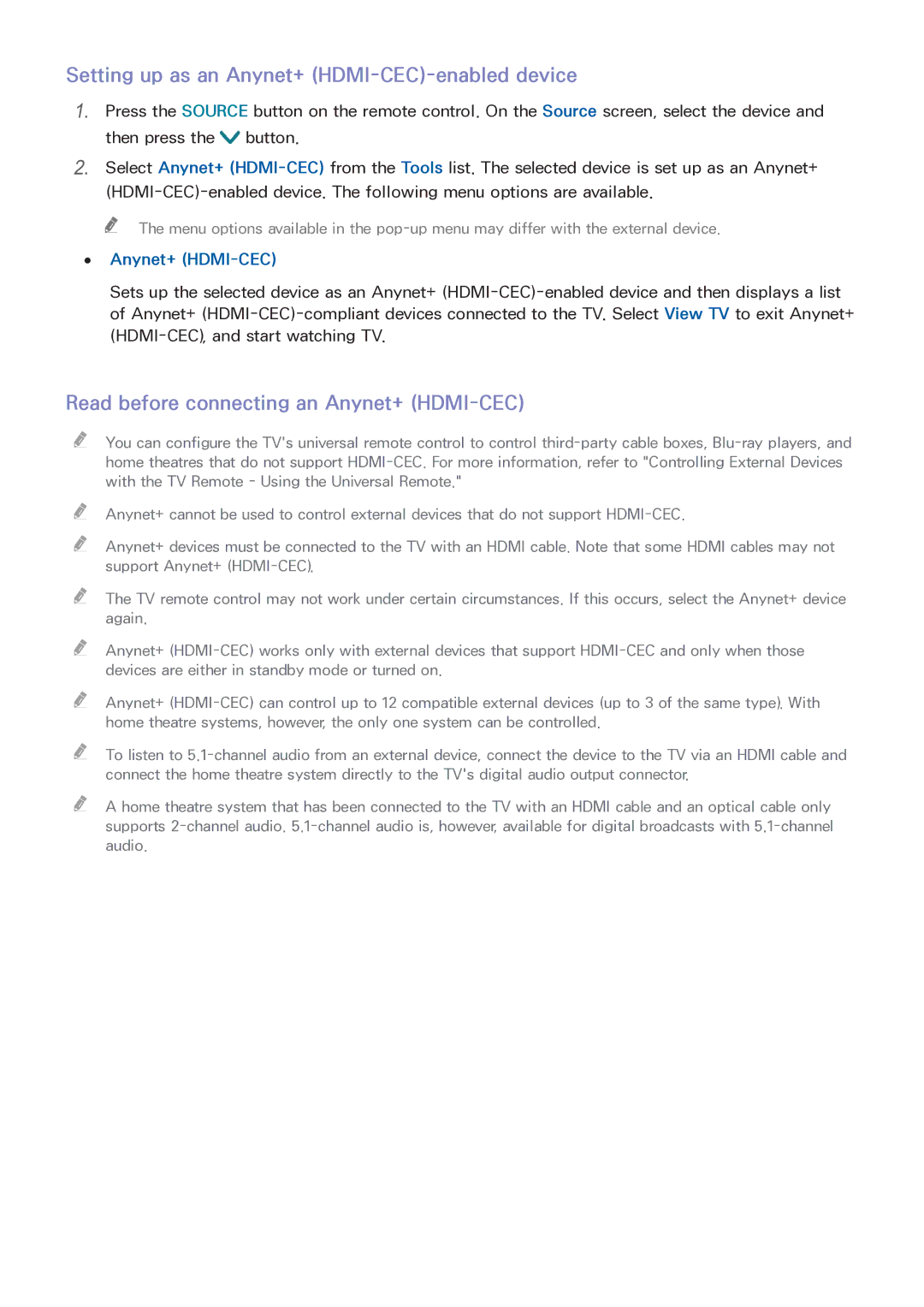 Samsung LT32E390SX/XU manual Setting up as an Anynet+ HDMI-CEC-enabled device, Read before connecting an Anynet+ HDMI-CEC 