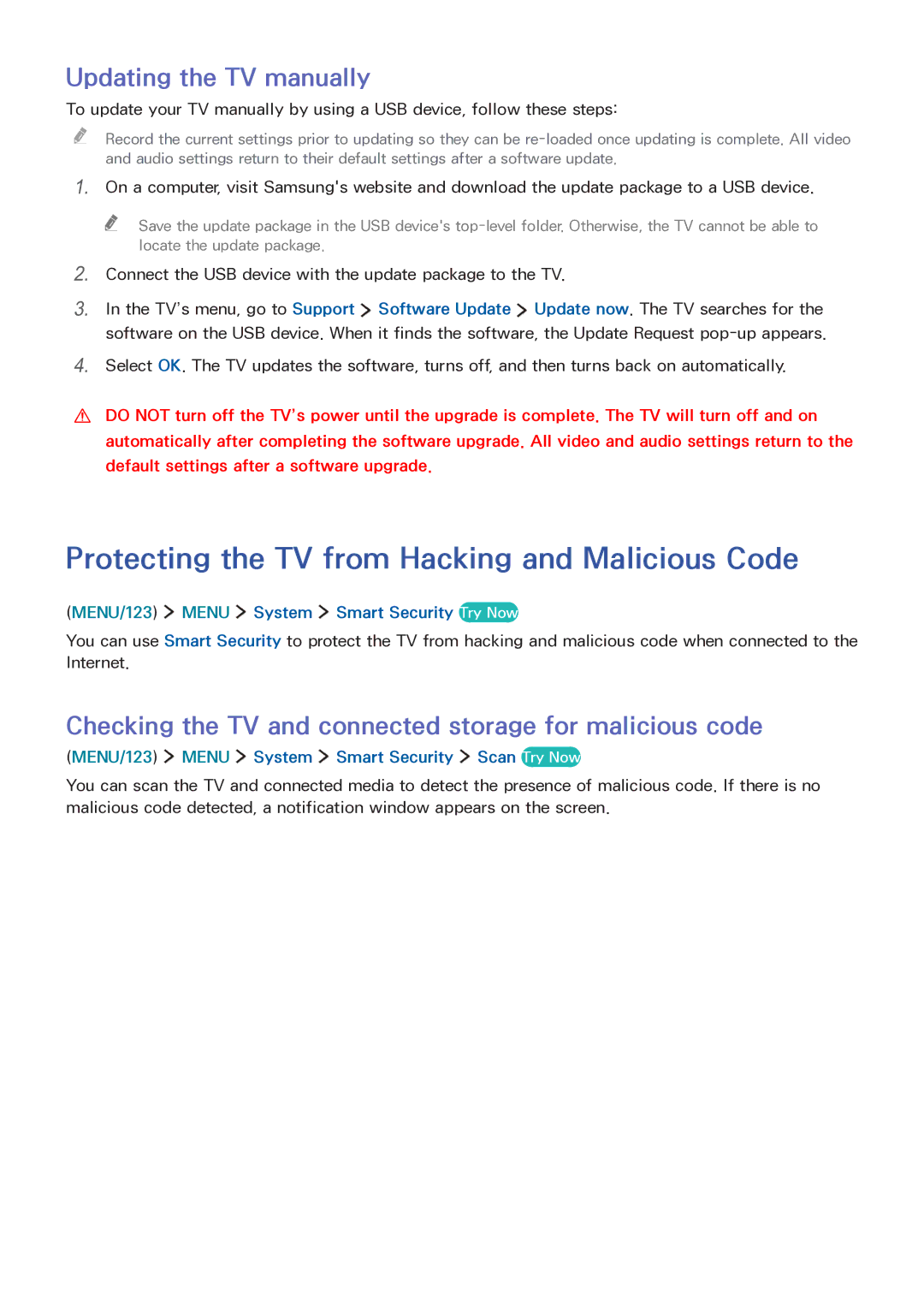 Samsung LT32E390SX/XU Protecting the TV from Hacking and Malicious Code, Updating the TV manually 