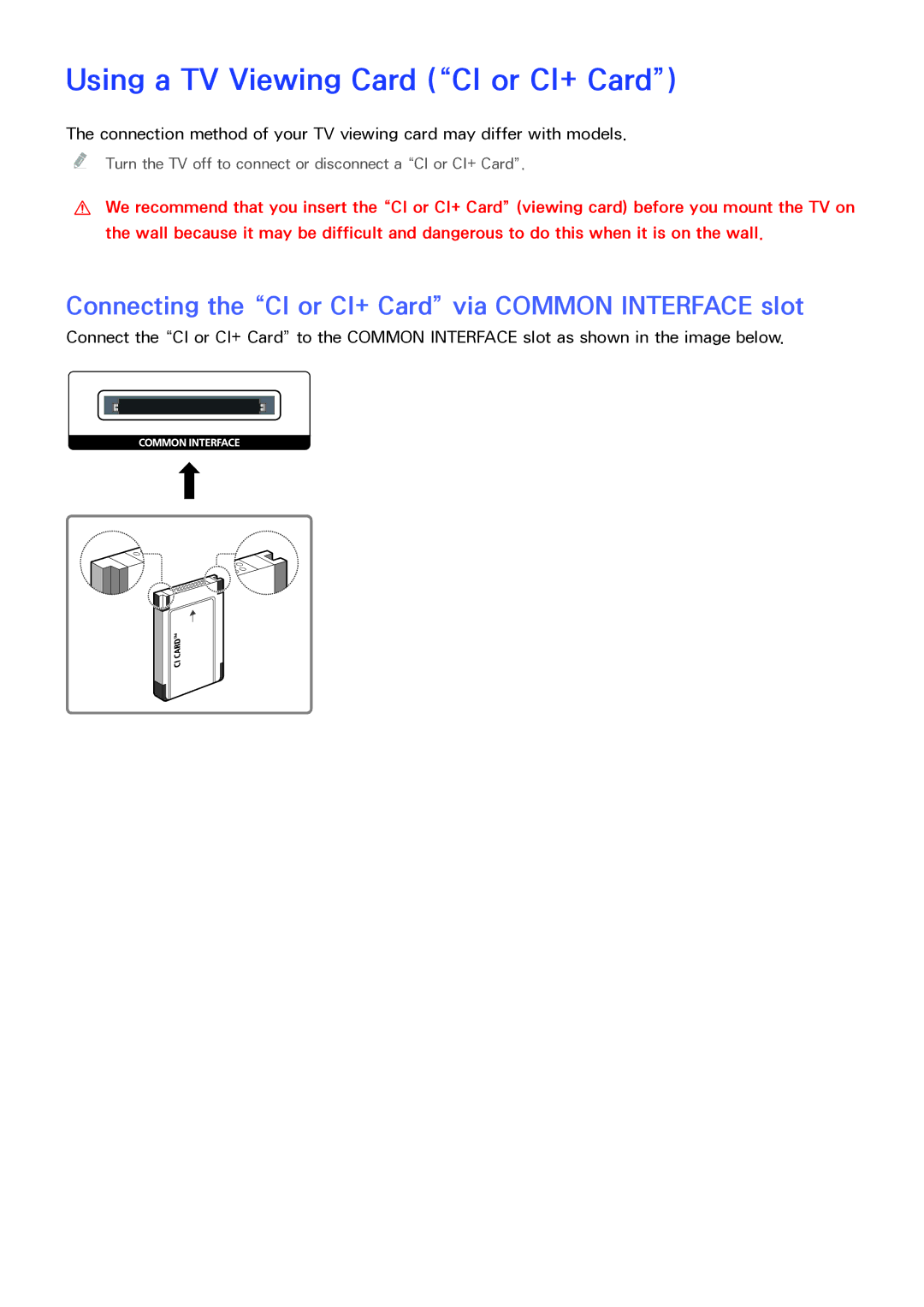 Samsung LT32E390SX/XU Using a TV Viewing Card CI or CI+ Card, Connecting the CI or CI+ Card via Common Interface slot 