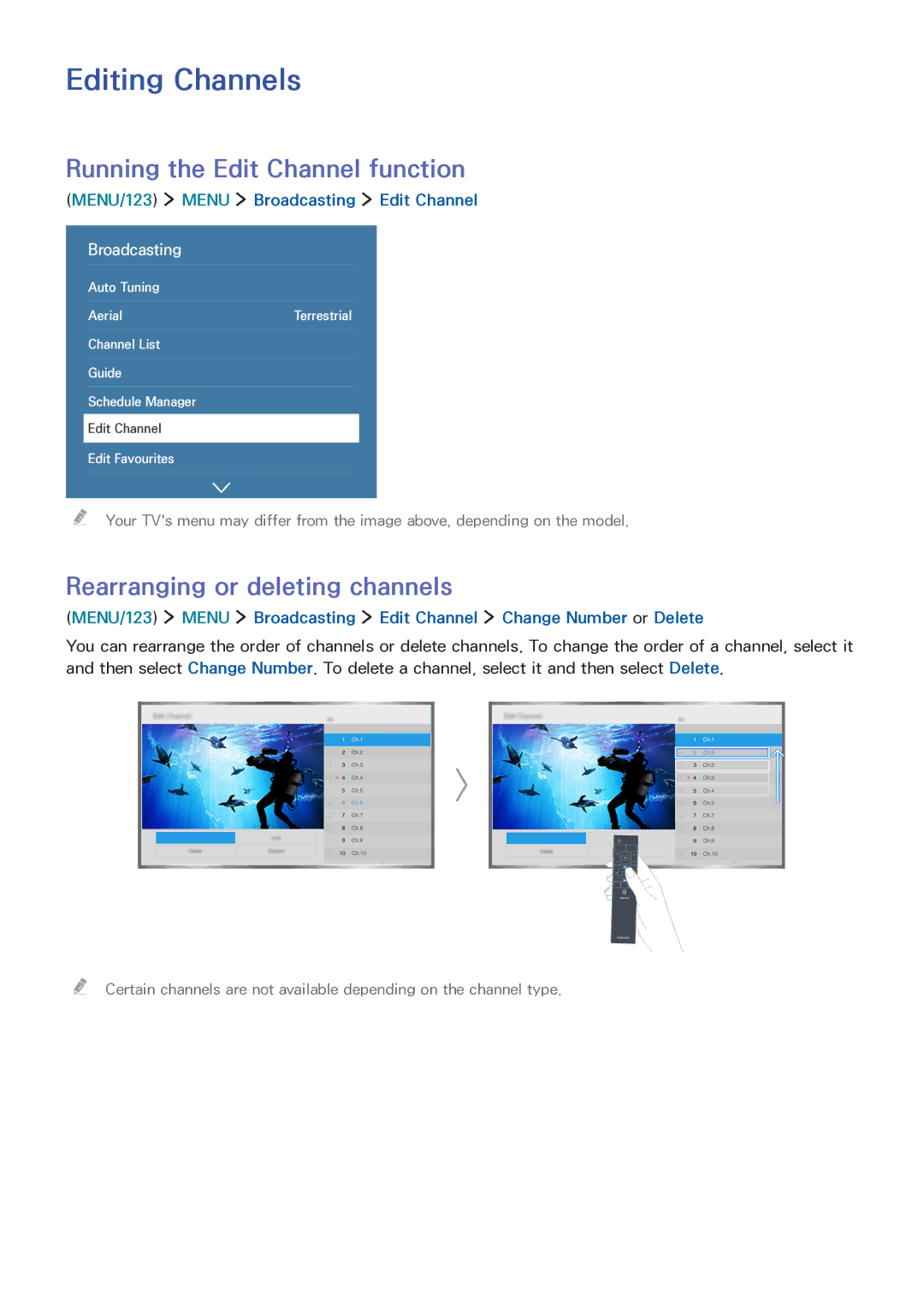 Samsung LT32E390SX/XU manual Editing Channels, Running the Edit Channel function, Rearranging or deleting channels 