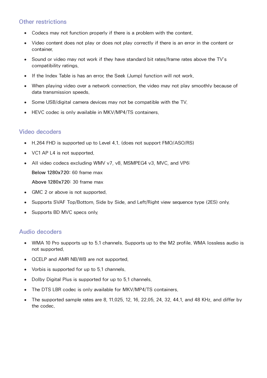 Samsung LT32E390SX/XU manual Other restrictions, Video decoders, Audio decoders 