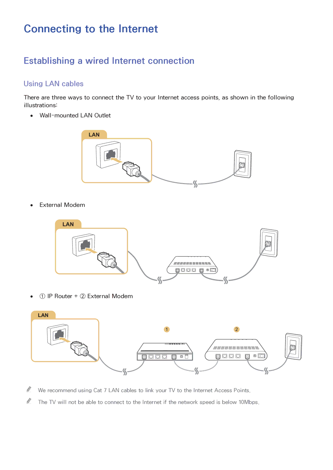 Samsung LT32E390SX/XU manual Connecting to the Internet, Establishing a wired Internet connection, Using LAN cables 