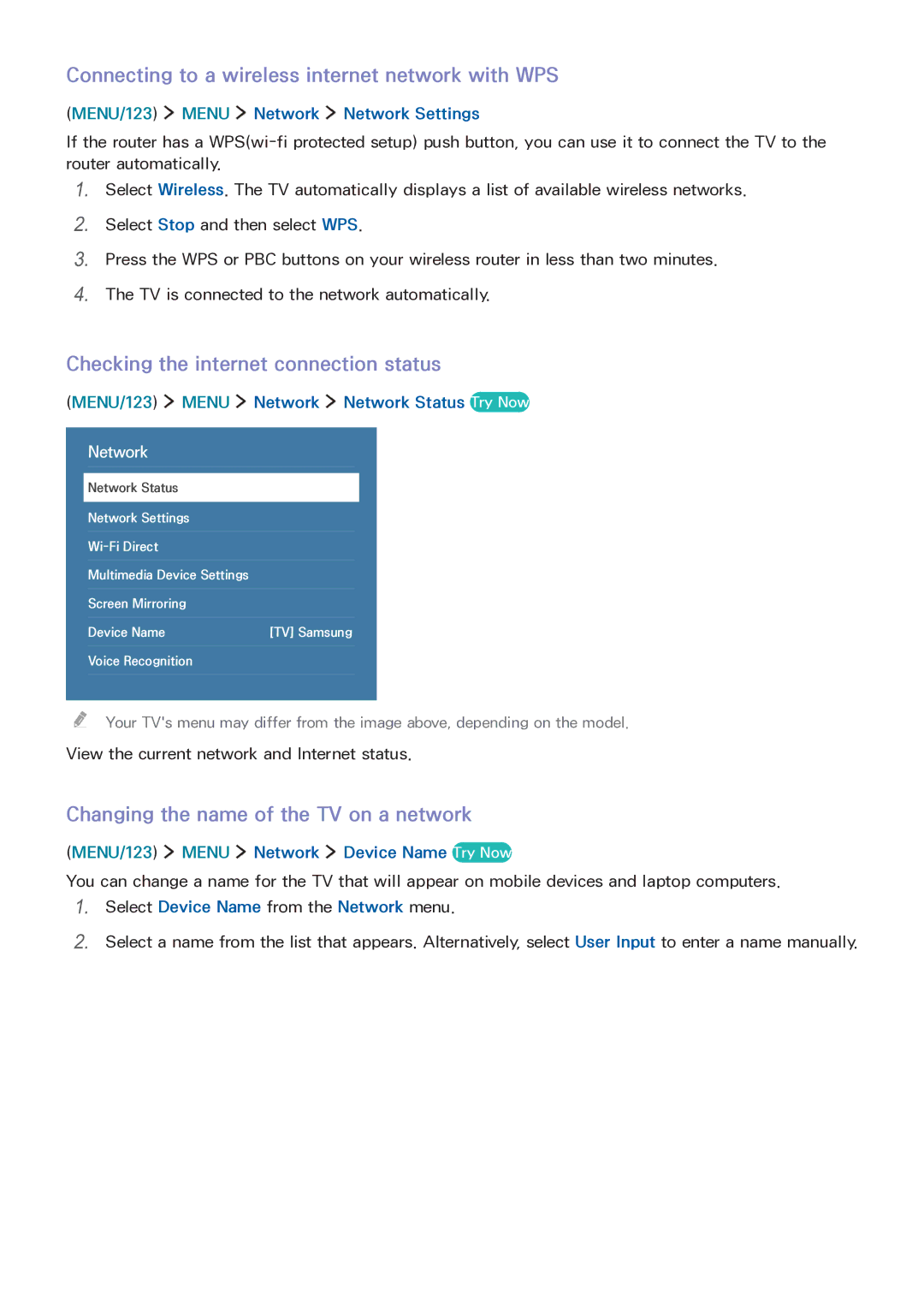 Samsung LT32E390SX/XU manual Connecting to a wireless internet network with WPS, Checking the internet connection status 