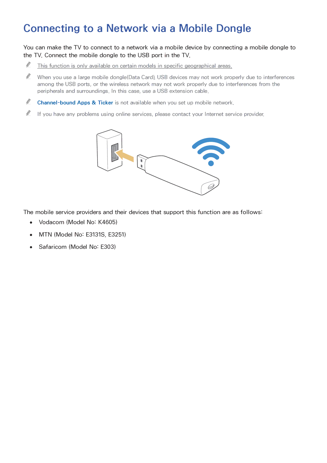 Samsung LT32E390SX/XU manual Connecting to a Network via a Mobile Dongle 