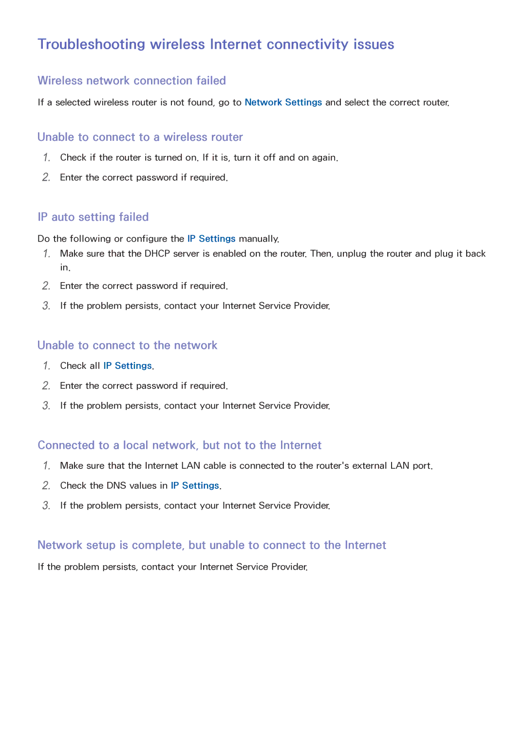 Samsung LT32E390SX/XU manual Troubleshooting wireless Internet connectivity issues, Wireless network connection failed 