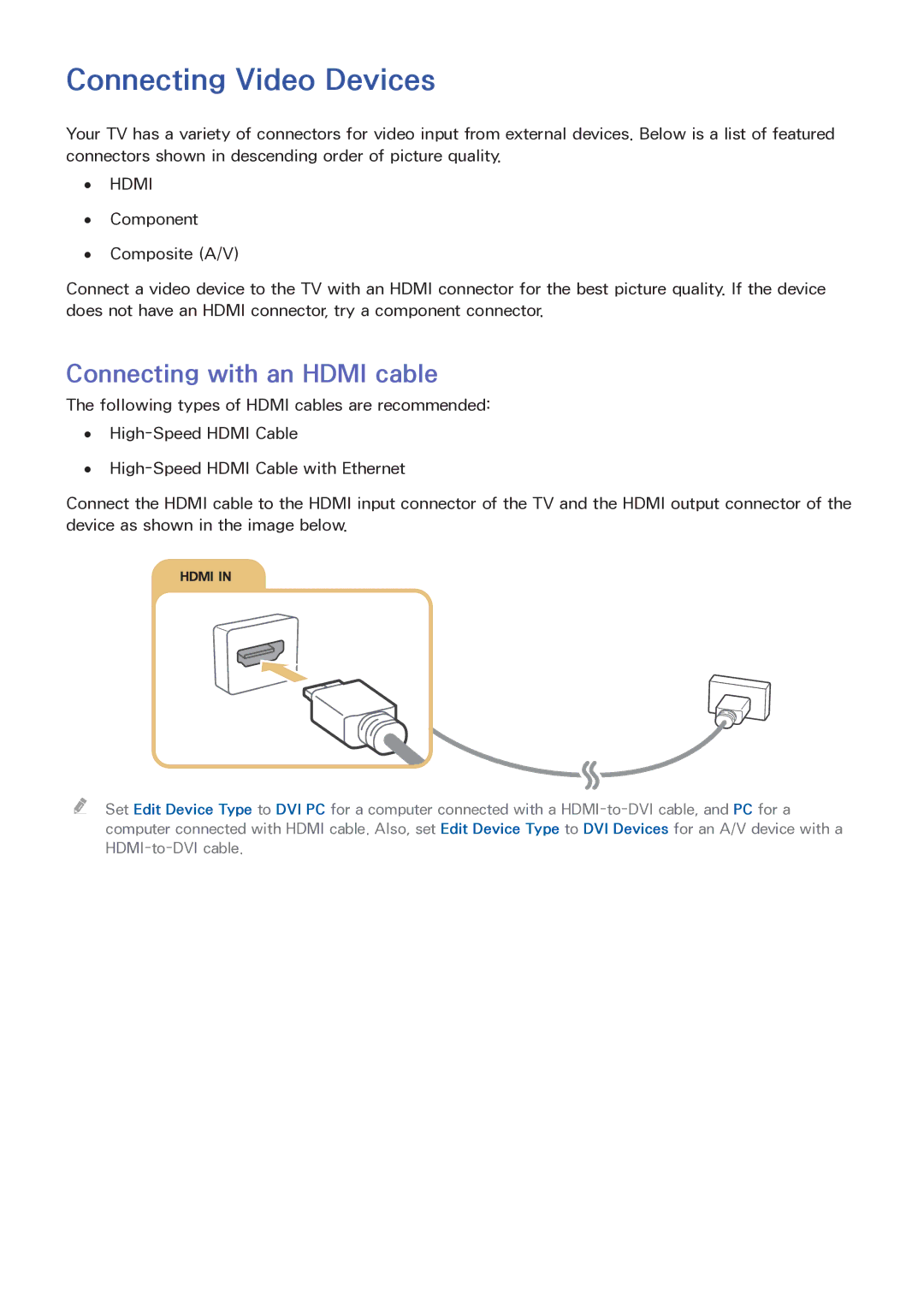 Samsung LT32E390SX/XU manual Connecting Video Devices, Connecting with an Hdmi cable 