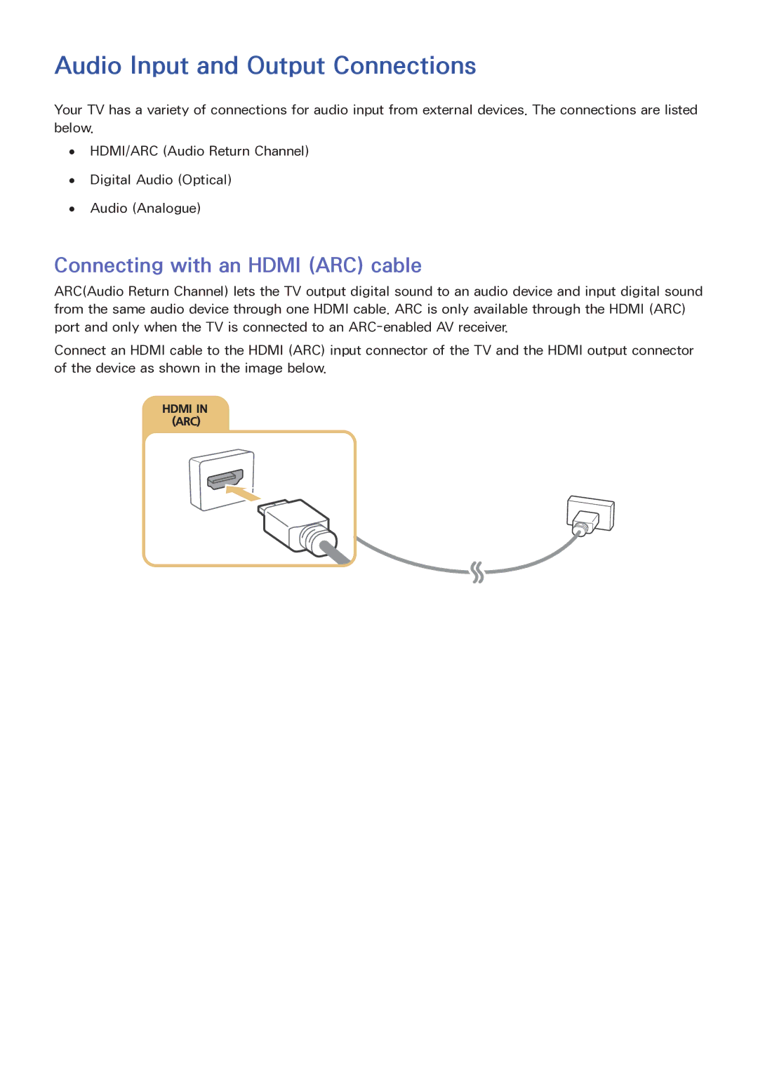 Samsung LT32E390SX/XU manual Audio Input and Output Connections, Connecting with an Hdmi ARC cable 