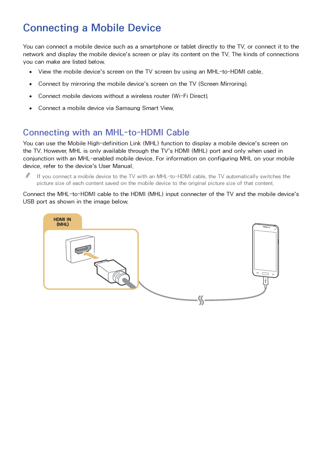 Samsung LT32E390SX/XU manual Connecting a Mobile Device, Connecting with an MHL-to-HDMI Cable 