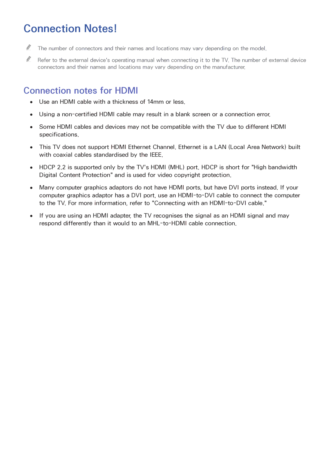 Samsung LT32E390SX/XU manual Connection Notes, Connection notes for Hdmi 