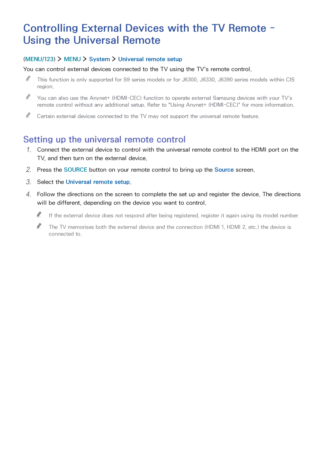 Samsung LT32E390SX/XU manual Setting up the universal remote control, MENU/123 Menu System Universal remote setup 