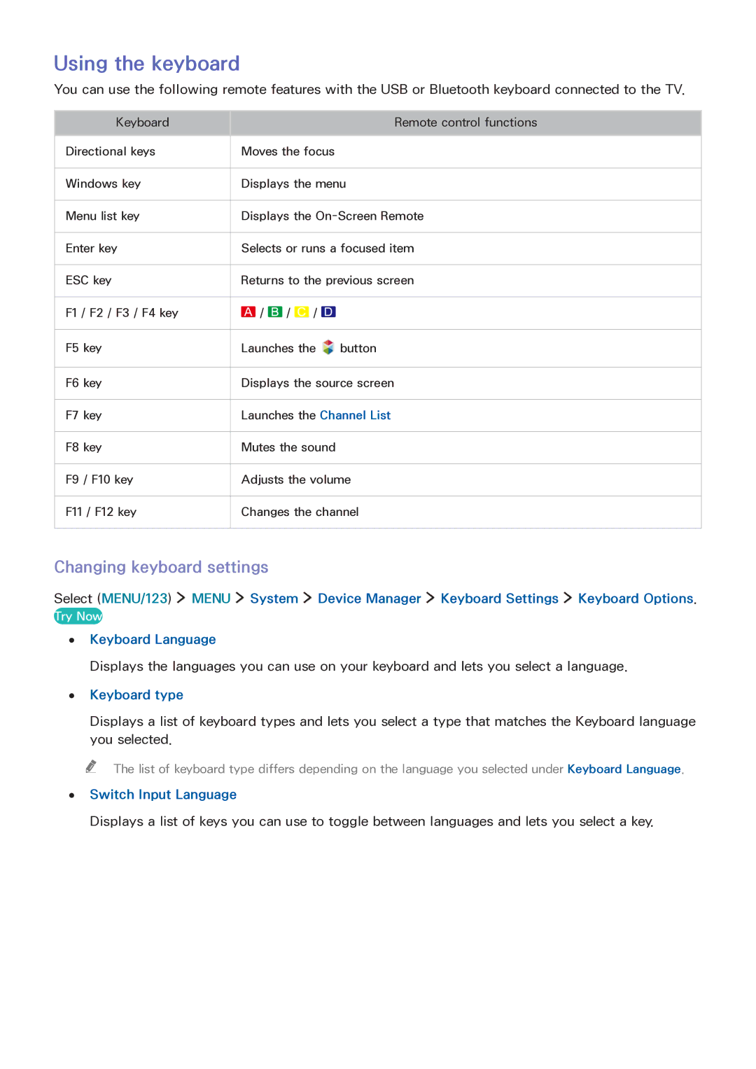 Samsung LT32E390SX/XU manual Using the keyboard, Changing keyboard settings, Keyboard Language, Keyboard type 