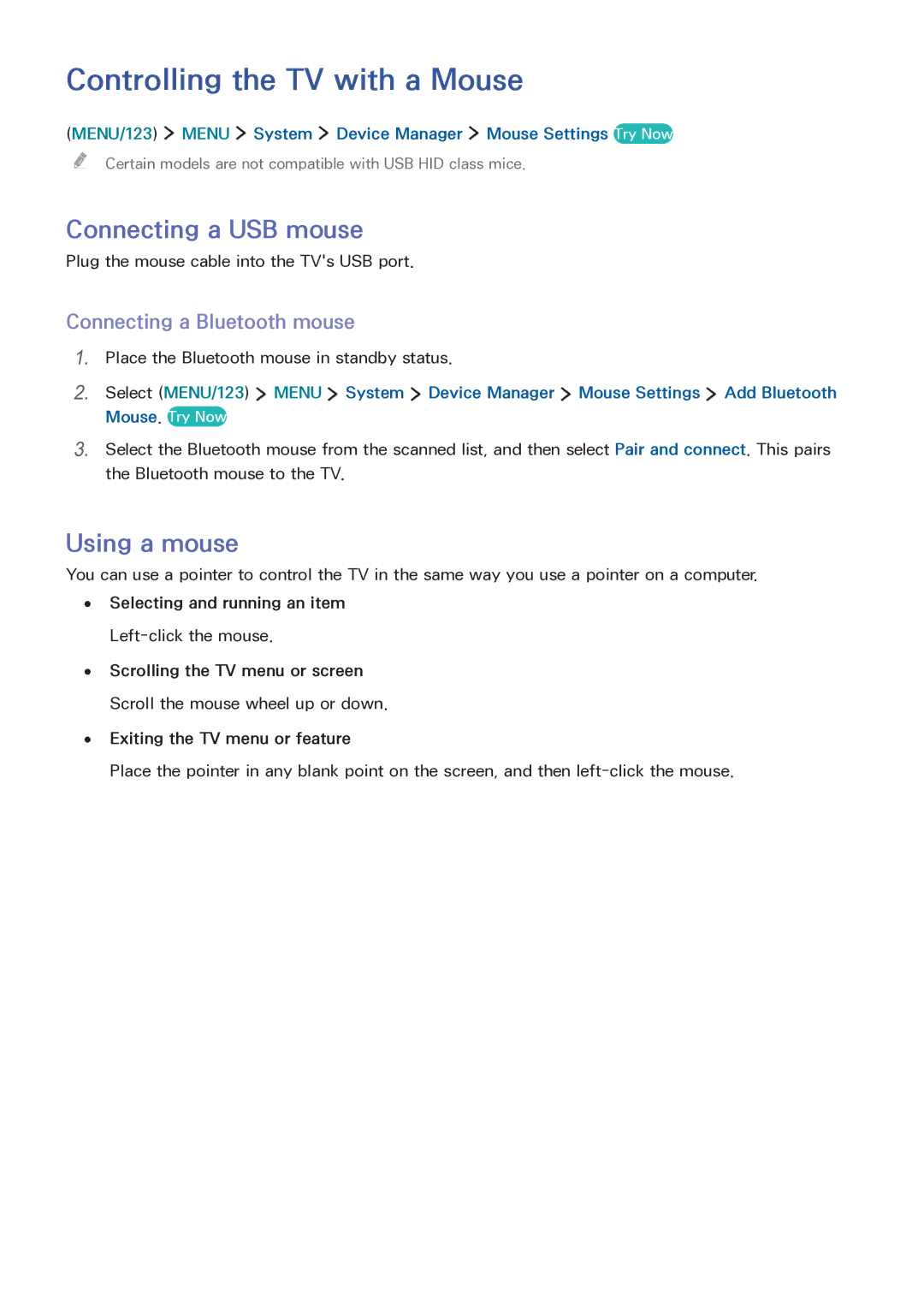 Samsung LT32E390SX/XU Controlling the TV with a Mouse, Connecting a USB mouse, Using a mouse, Connecting a Bluetooth mouse 