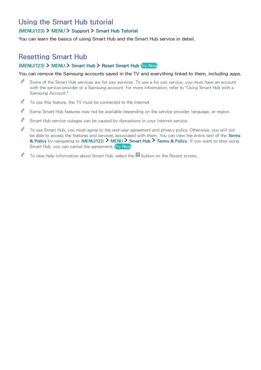 Samsung LT32E390SX/XU manual Using the Smart Hub tutorial, Resetting Smart Hub, MENU/123 Menu Support Smart Hub Tutorial 