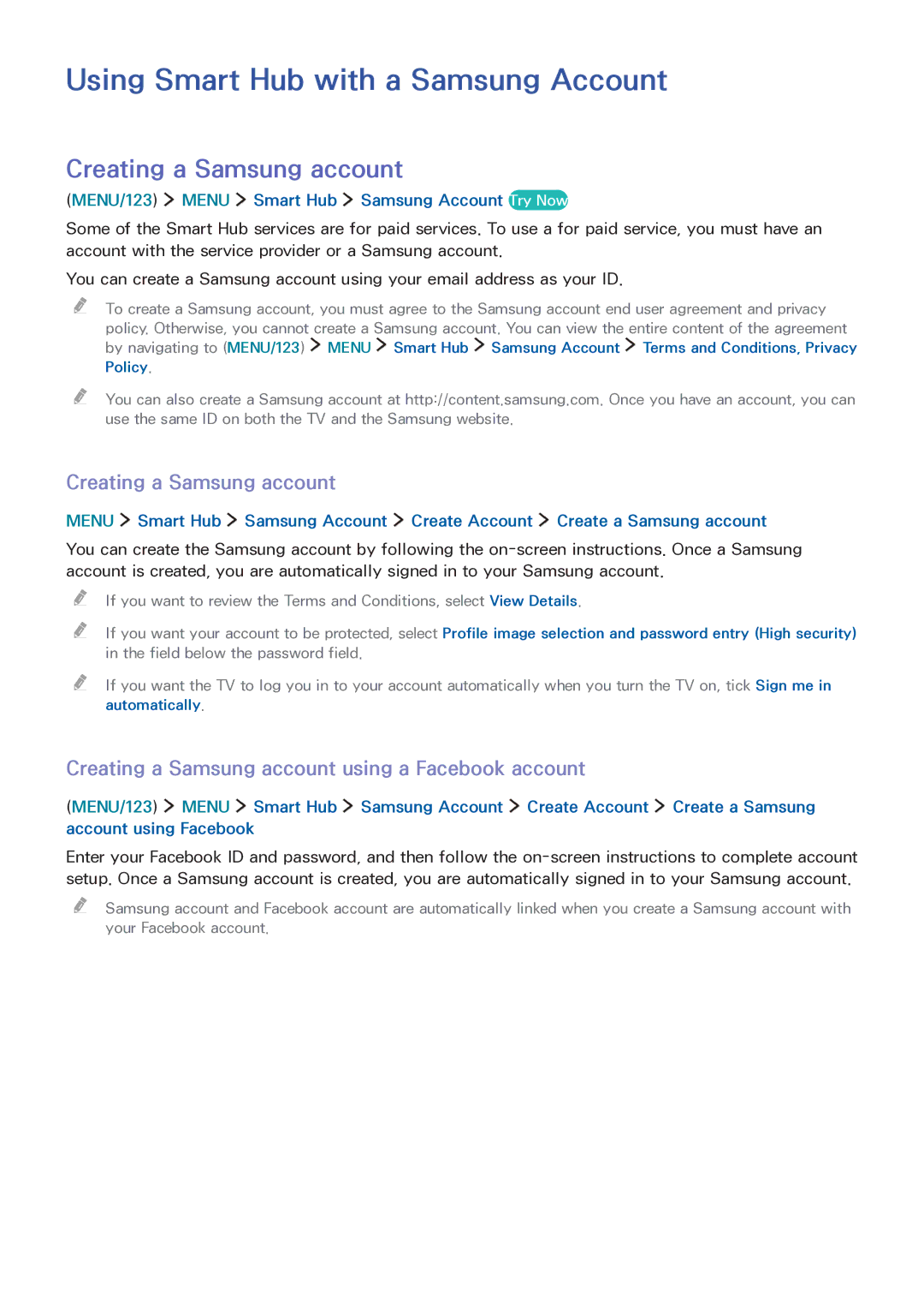 Samsung LT32E390SX/XU manual Using Smart Hub with a Samsung Account, Creating a Samsung account 