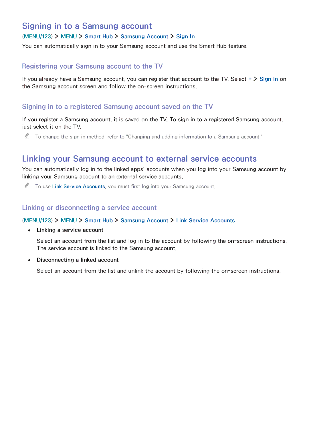 Samsung LT32E390SX/XU manual Signing in to a Samsung account, Linking your Samsung account to external service accounts 