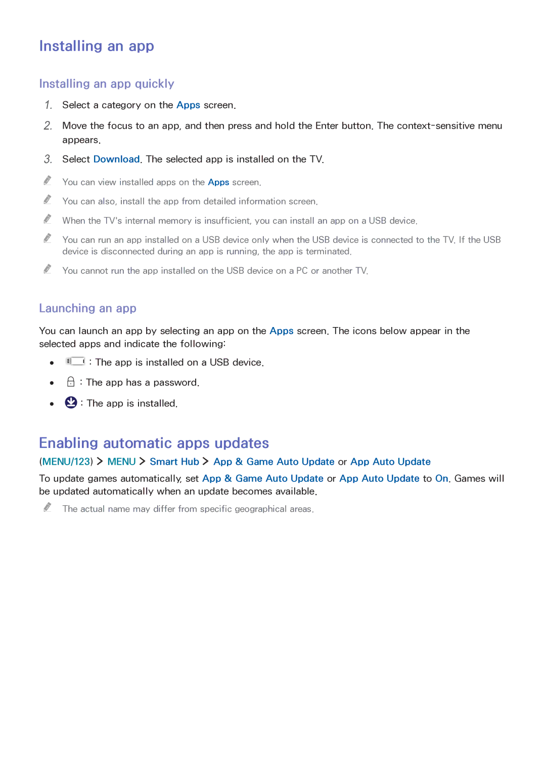 Samsung LT32E390SX/XU manual Enabling automatic apps updates, Installing an app quickly, Launching an app 