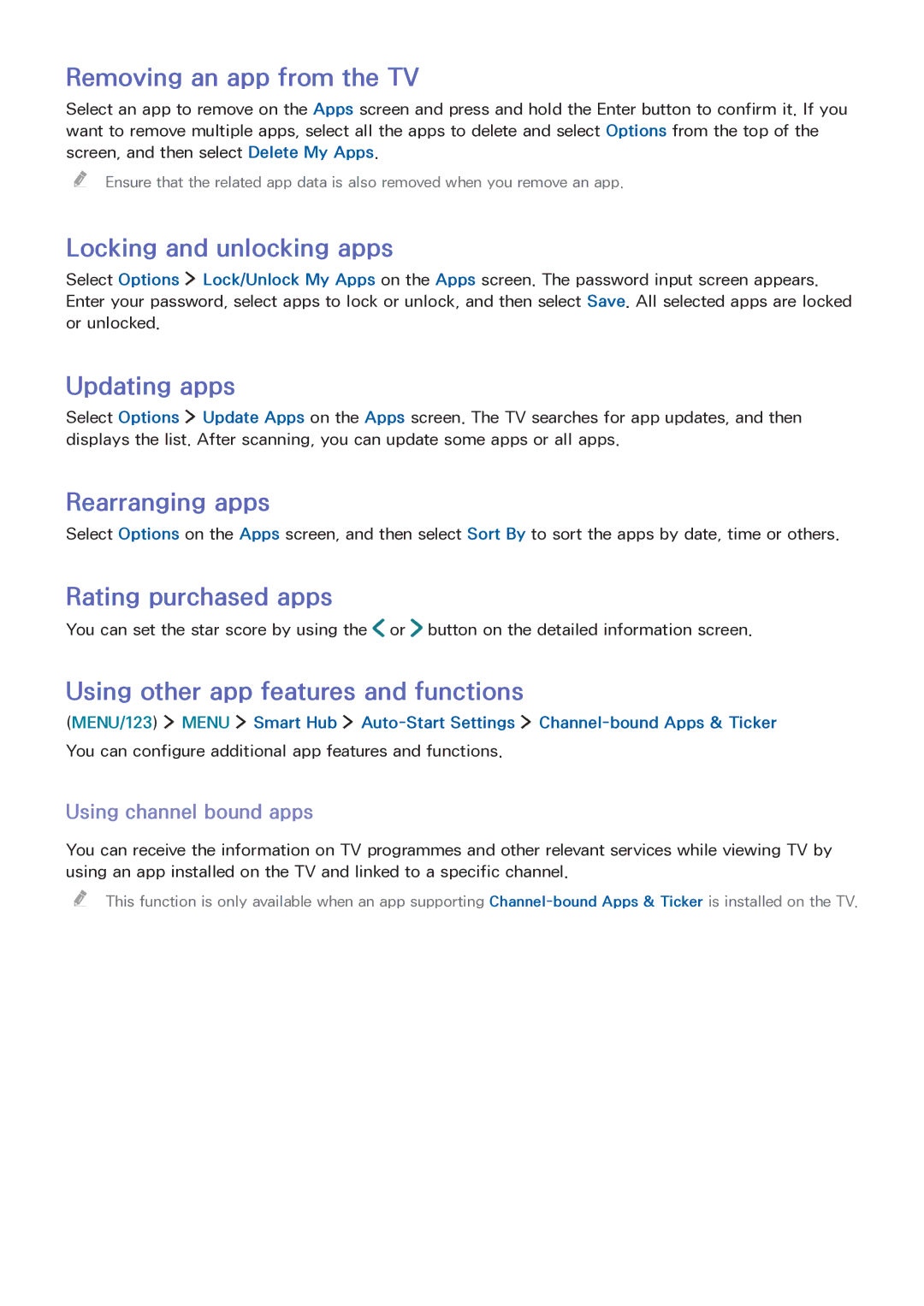 Samsung LT32E390SX/XU manual Removing an app from the TV, Locking and unlocking apps, Updating apps, Rearranging apps 