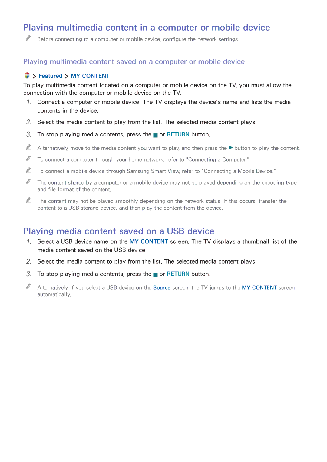 Samsung LT32E390SX/XU manual Playing multimedia content in a computer or mobile device, Featured MY Content 