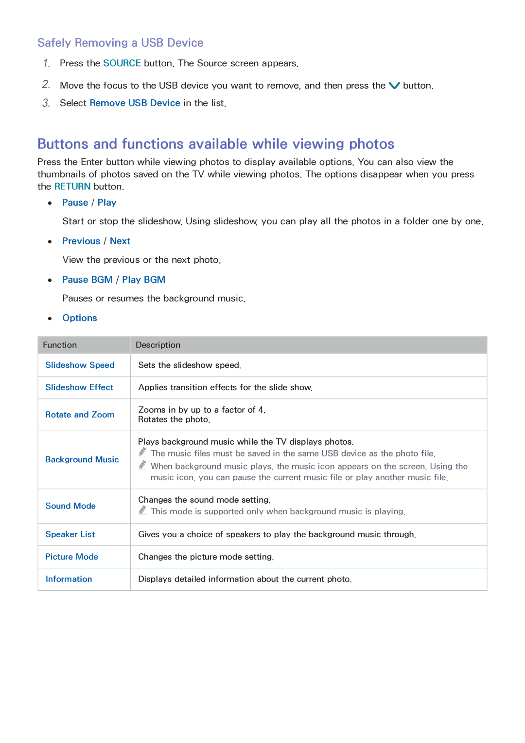 Samsung LT32E390SX/XU Buttons and functions available while viewing photos, Safely Removing a USB Device, Pause / Play 