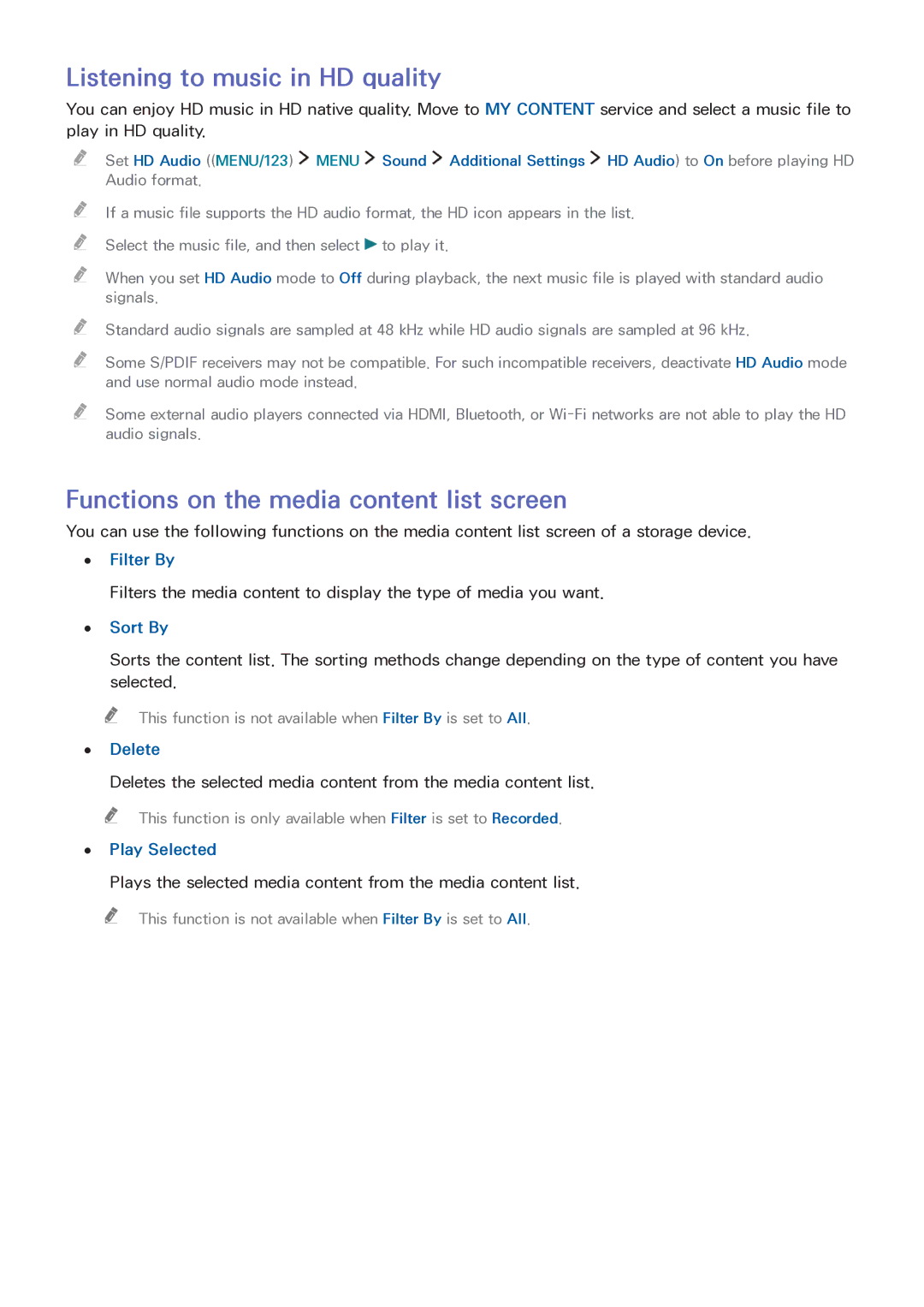 Samsung LT32E390SX/XU manual Listening to music in HD quality, Functions on the media content list screen, Sort By, Delete 