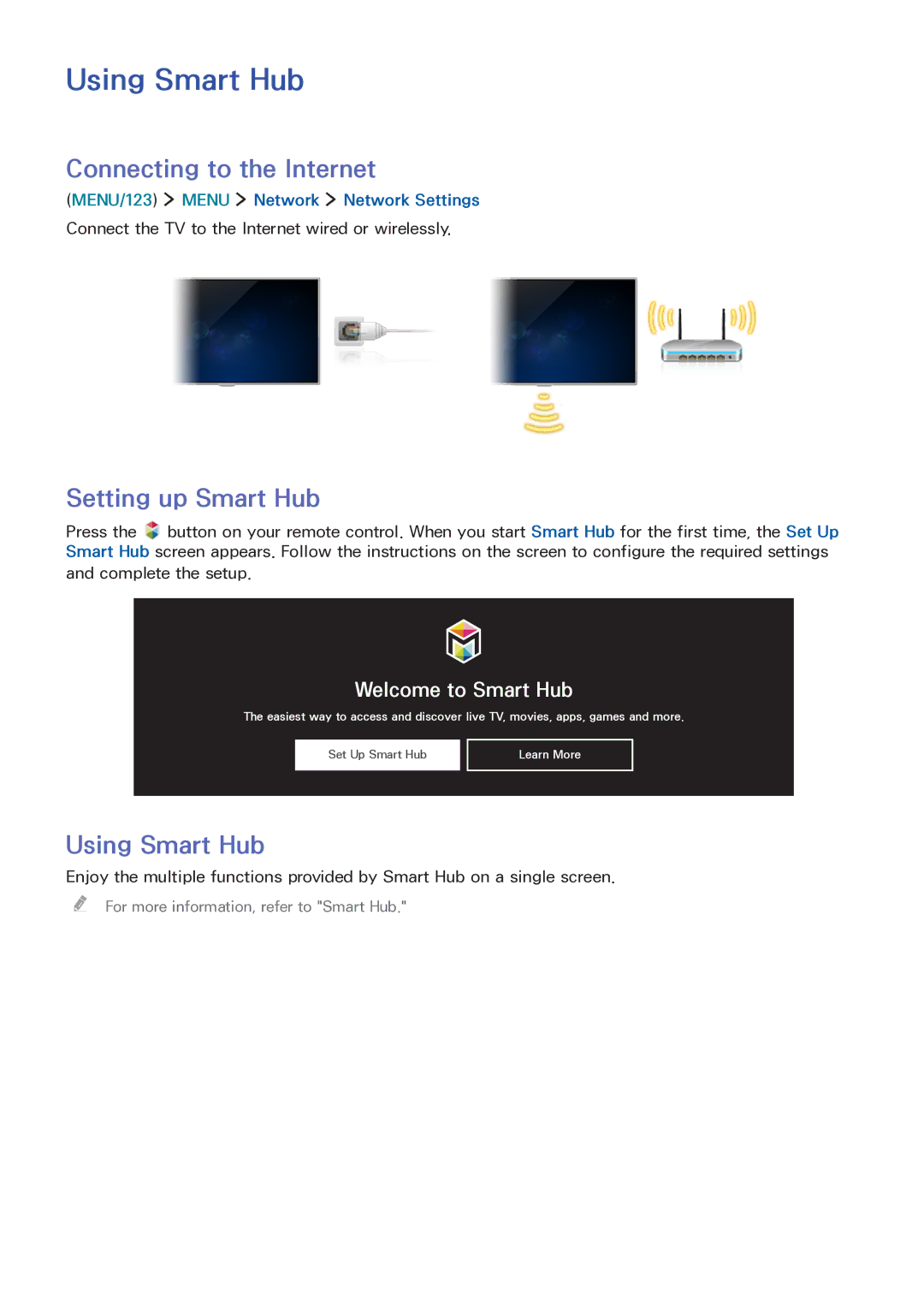 Samsung LT32E390SX/XU manual Using Smart Hub, Connecting to the Internet, Setting up Smart Hub 