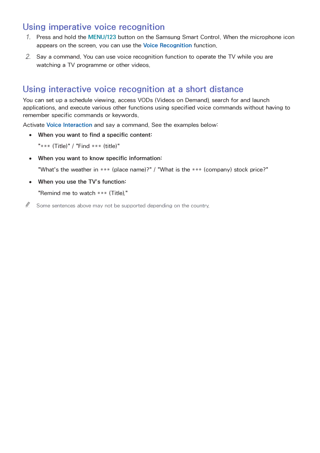 Samsung LT32E390SX/XU manual Using imperative voice recognition, Using interactive voice recognition at a short distance 