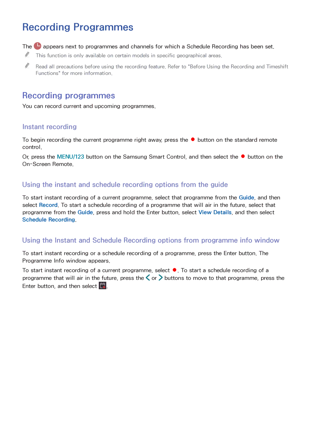 Samsung LT32E390SX/XU manual Recording Programmes, Recording programmes, Instant recording 