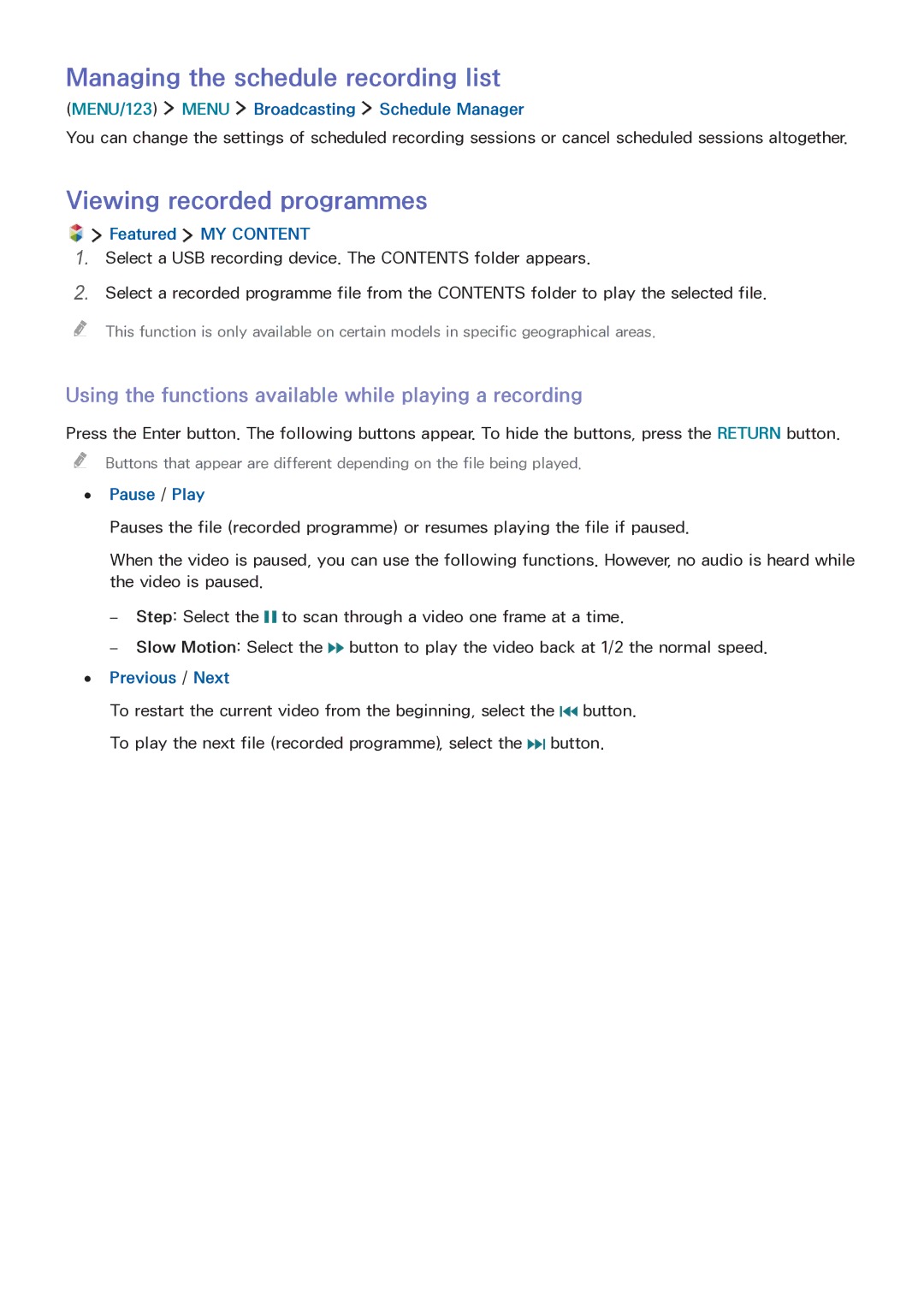 Samsung LT32E390SX/XU manual Managing the schedule recording list, Viewing recorded programmes 