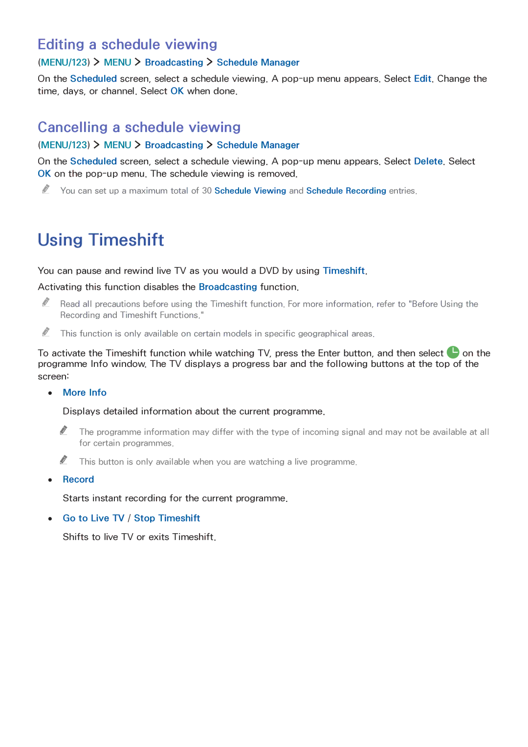 Samsung LT32E390SX/XU manual Using Timeshift, Editing a schedule viewing, Cancelling a schedule viewing, Record 