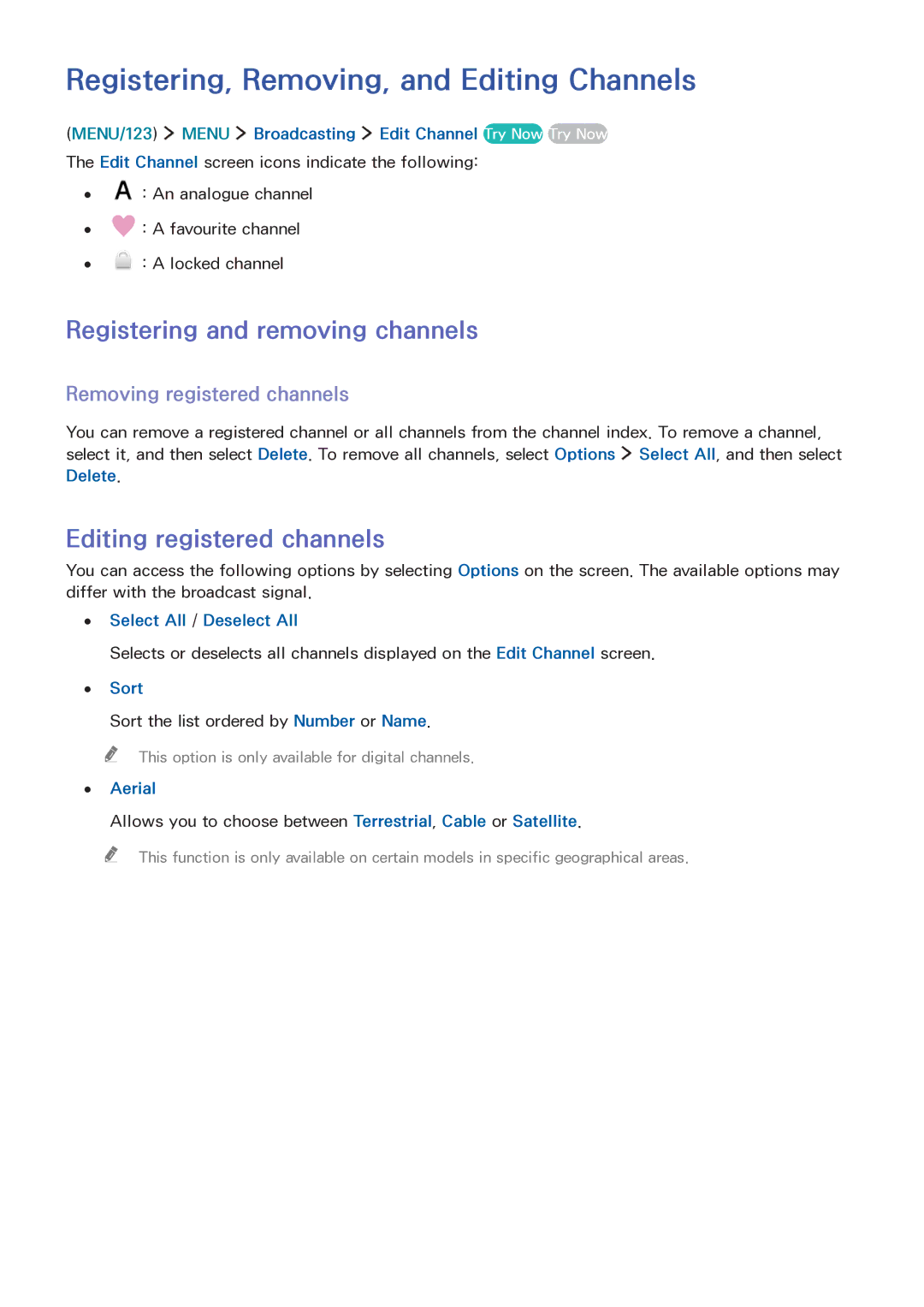 Samsung LT32E390SX/XU manual Registering, Removing, and Editing Channels, Registering and removing channels 