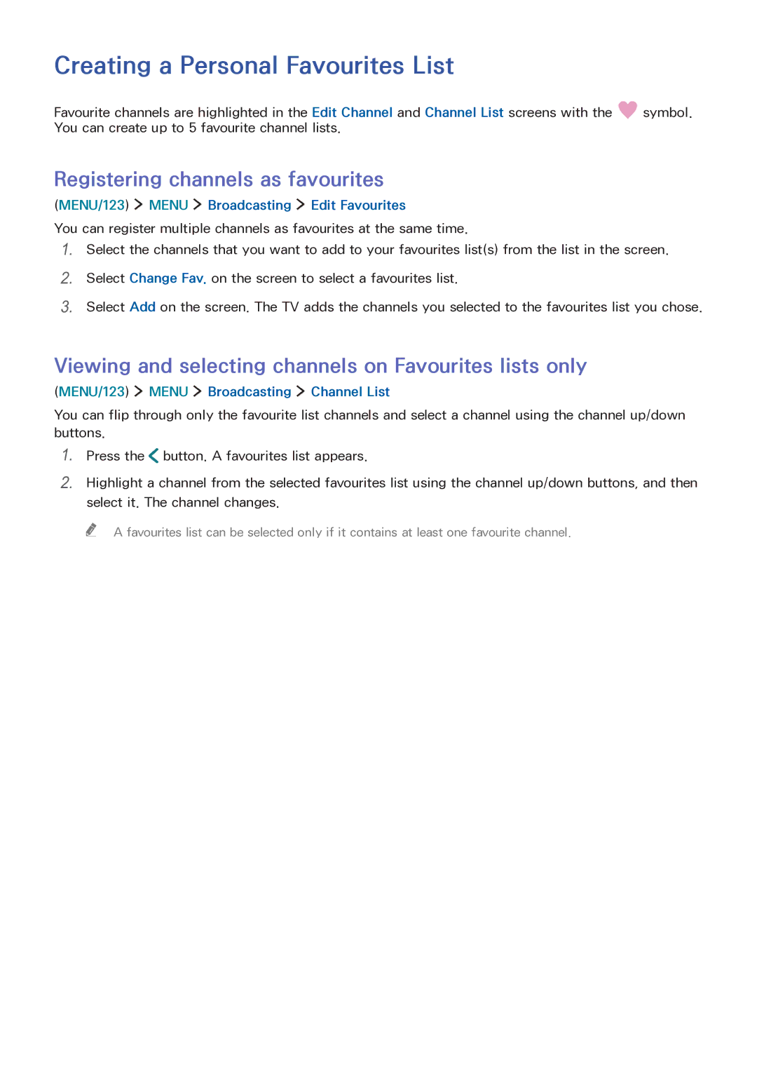 Samsung LT32E390SX/XU manual Creating a Personal Favourites List, Registering channels as favourites 