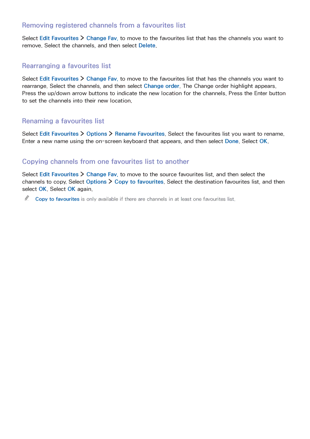 Samsung LT32E390SX/XU manual Removing registered channels from a favourites list, Rearranging a favourites list 