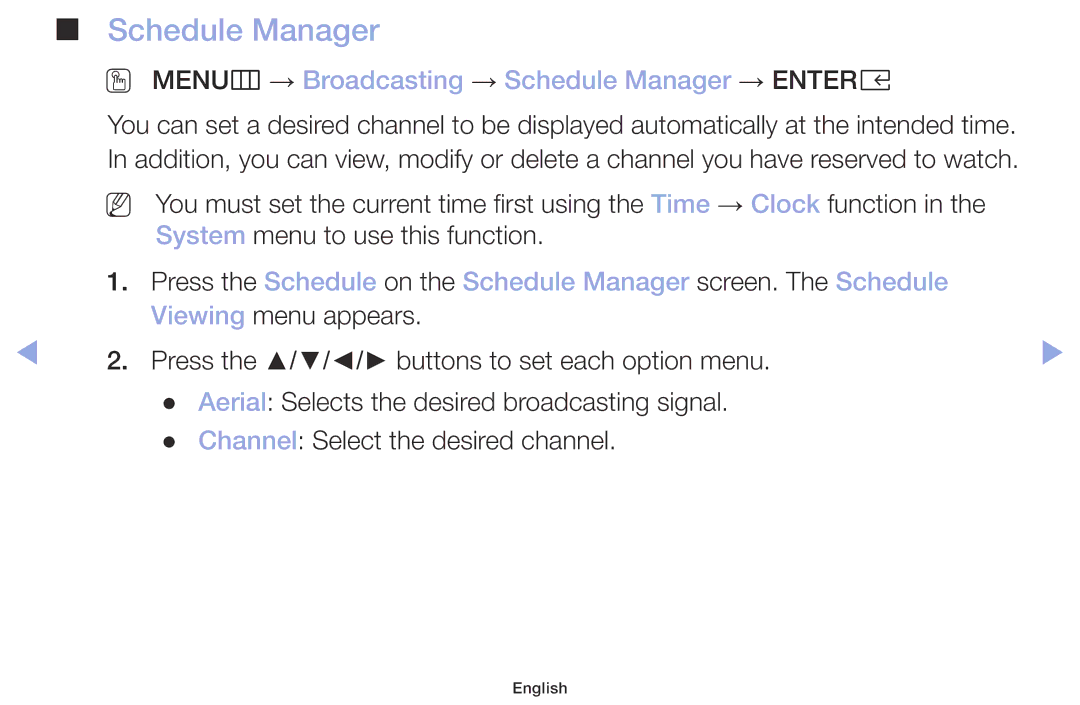 Samsung LT32H390FEVXEN manual OO MENUm → Broadcasting → Schedule Manager → Entere 