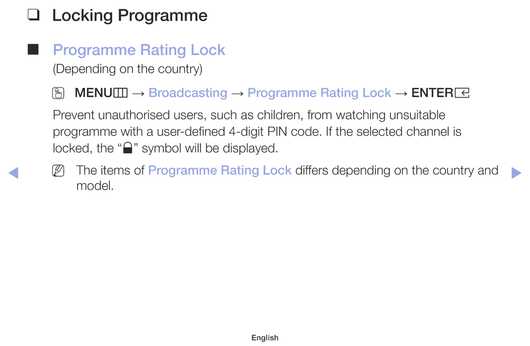 Samsung LT32H390FEVXEN manual Locking Programme, OO MENUm → Broadcasting → Programme Rating Lock → Entere 
