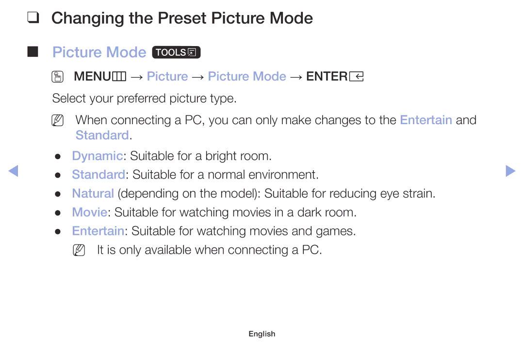 Samsung LT32H390FEVXEN manual Changing the Preset Picture Mode, Picture Mode t, OO MENUm → Picture → Picture Mode → Entere 