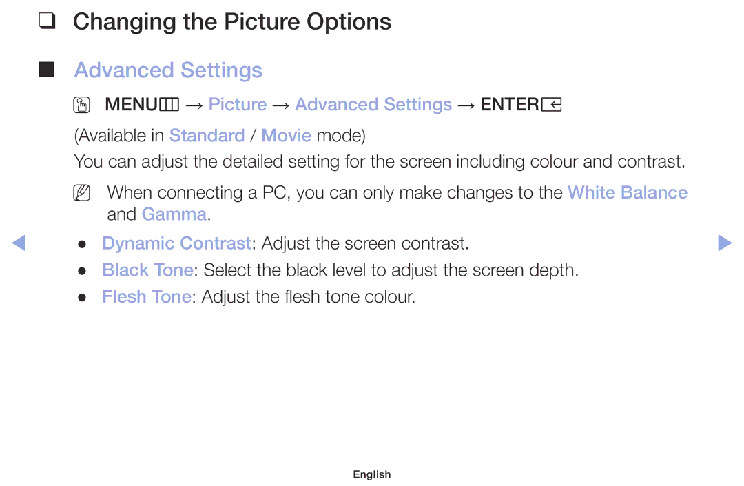 Samsung LT32H390FEVXEN manual Changing the Picture Options, OO MENUm → Picture → Advanced Settings → Entere 