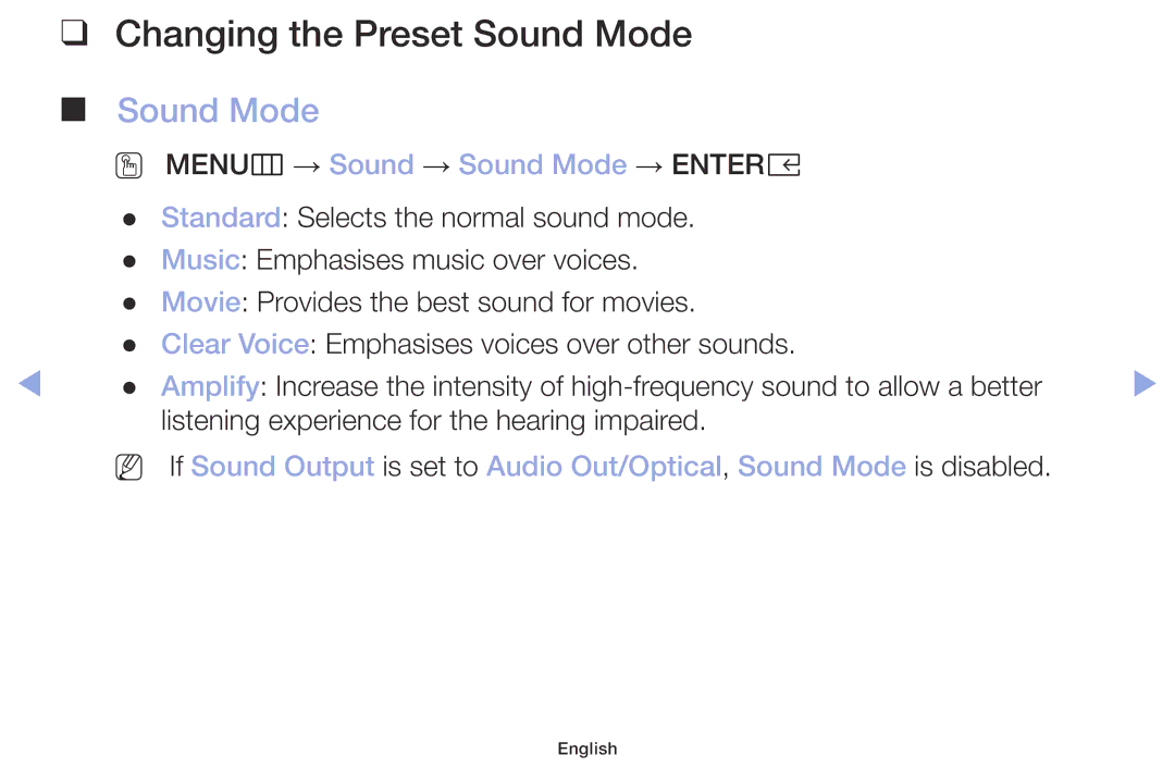 Samsung LT32H390FEVXEN manual Changing the Preset Sound Mode 