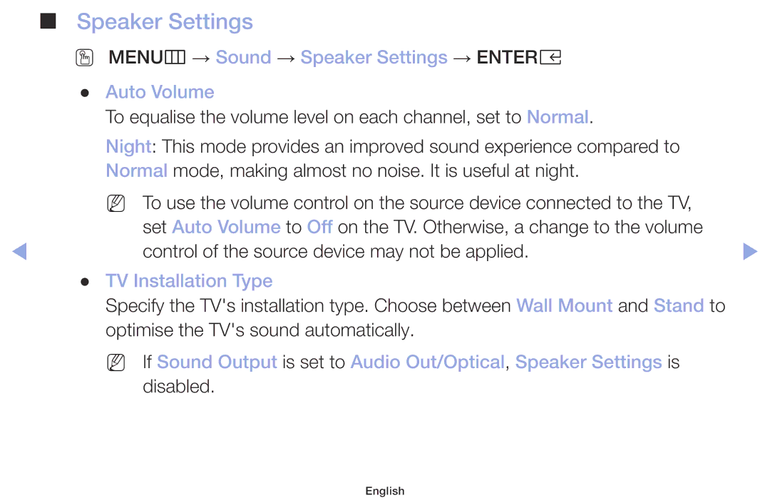 Samsung LT32H390FEVXEN manual OO MENUm → Sound → Speaker Settings → Entere Auto Volume, TV Installation Type 