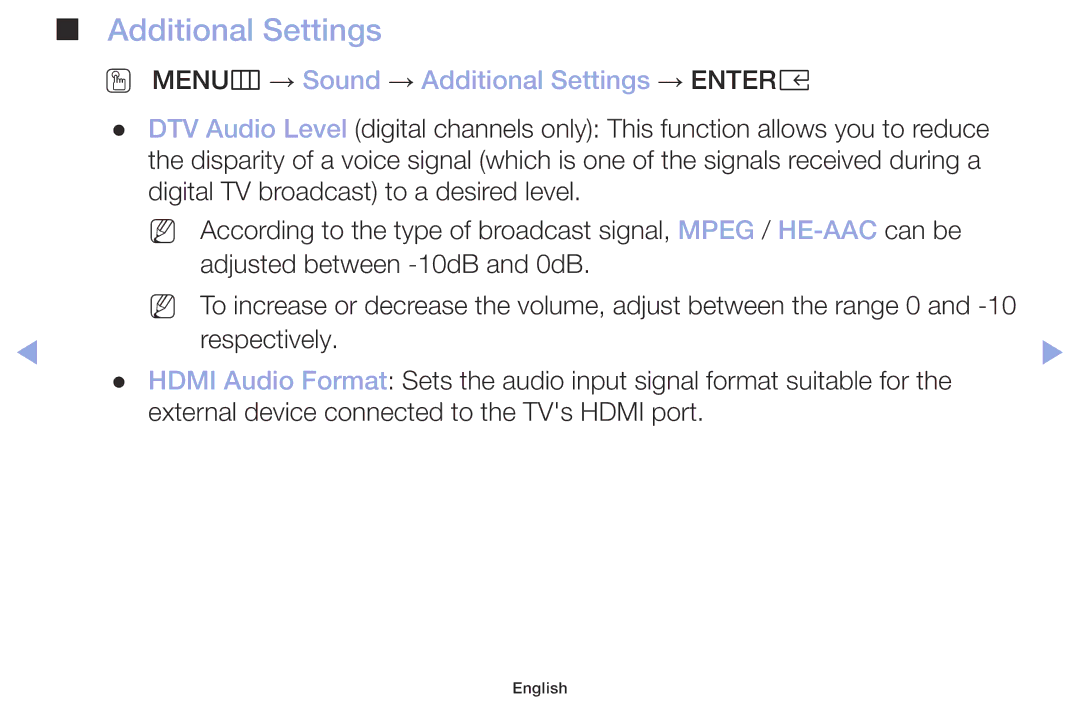 Samsung LT32H390FEVXEN manual OO MENUm → Sound → Additional Settings → Entere 