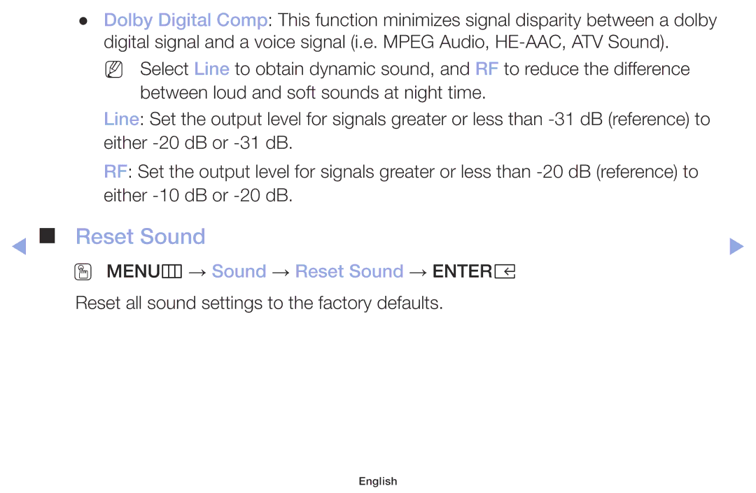 Samsung LT32H390FEVXEN manual OO MENUm → Sound → Reset Sound → Entere 