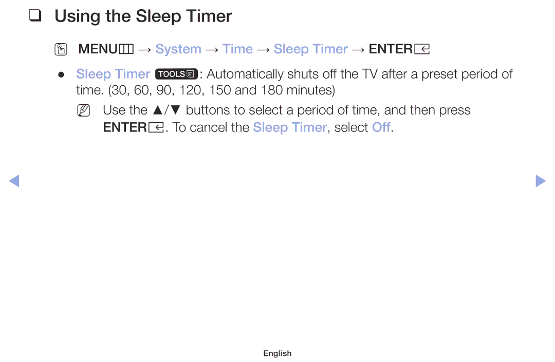 Samsung LT32H390FEVXEN manual Using the Sleep Timer, OO MENUm → System → Time → Sleep Timer → Entere 