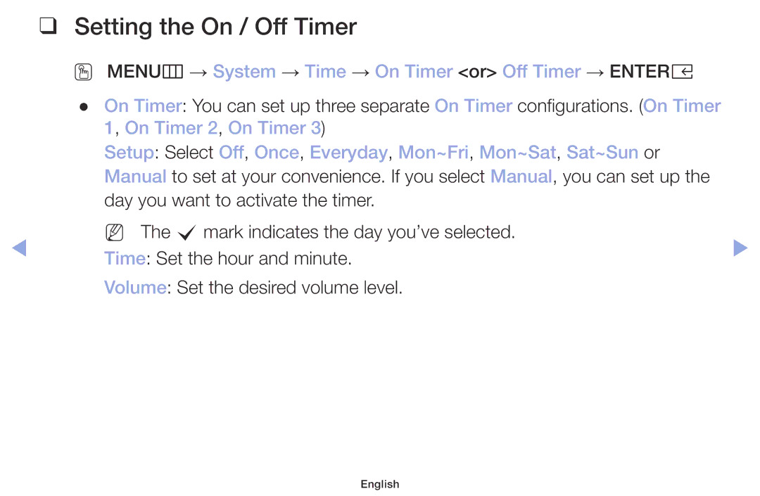 Samsung LT32H390FEVXEN manual Setting the On / Off Timer, OO MENUm → System → Time → On Timer or Off Timer → Entere 