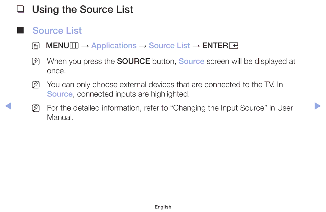 Samsung LT32H390FEVXEN manual Using the Source List, OO MENUm → Applications → Source List → Entere 