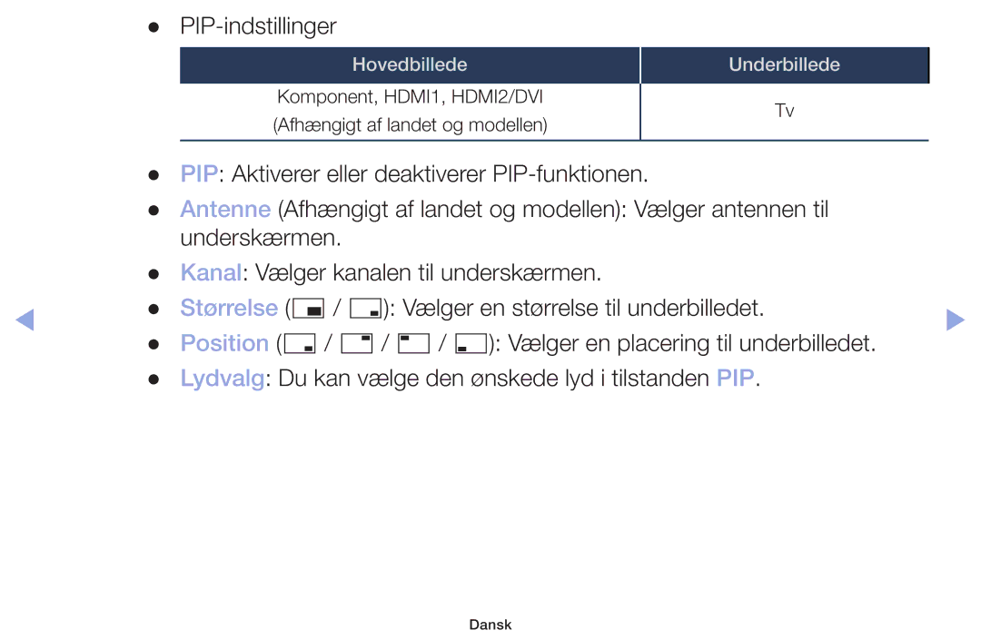 Samsung LT32H390FEVXXC manual PIP-indstillinger 