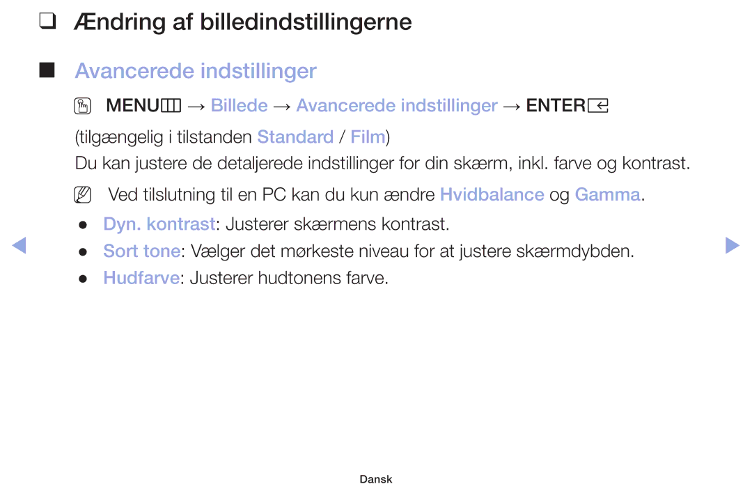 Samsung LT32H390FEVXXC manual Ændring af billedindstillingerne, Avancerede indstillinger 