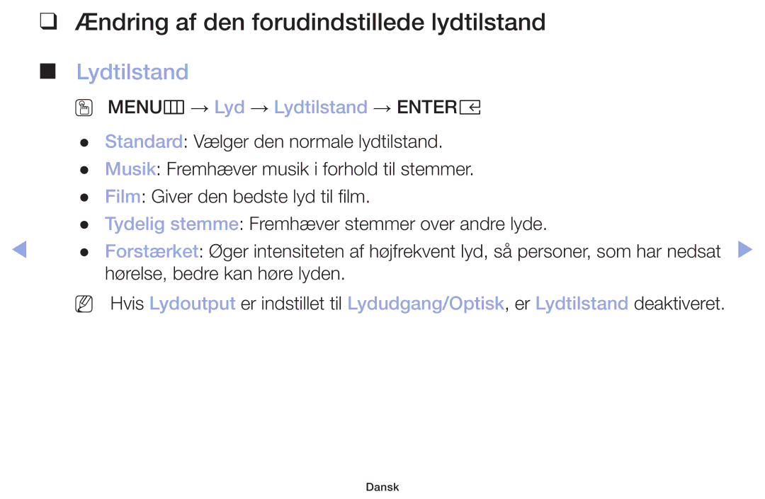 Samsung LT32H390FEVXXC manual Ændring af den forudindstillede lydtilstand, Lydtilstand 